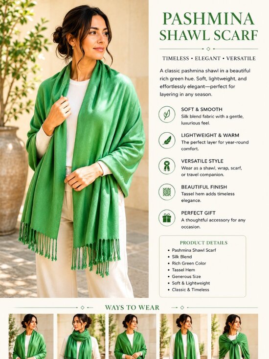 pashmina Accessories - Green Pashmina Shawl Wrap Silk Blend Scarf Tassel Fringe Evening Wedding Travel